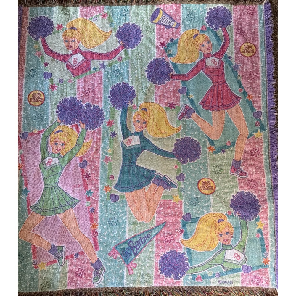 Vintage Mattel Barbie Cheerleader Large  47x55 Throw Woven Blanket Tassels